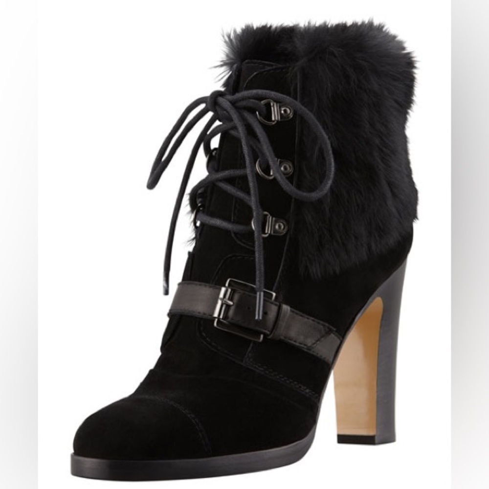 Aquatalia Grandly Suede-Rabbit Fur Lace-Up Boot Black